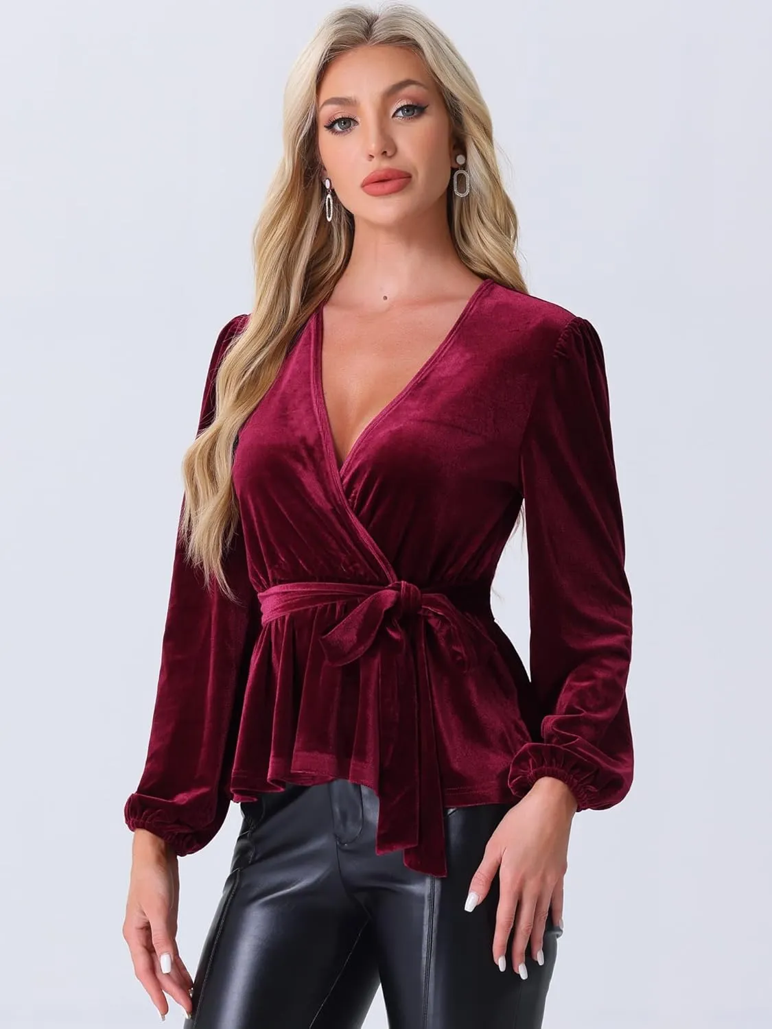 Allegra K Velvet Blouses for Women's Elegant Tie Waist Long Sleeve V Neck Wrap Peplum Blouse Top