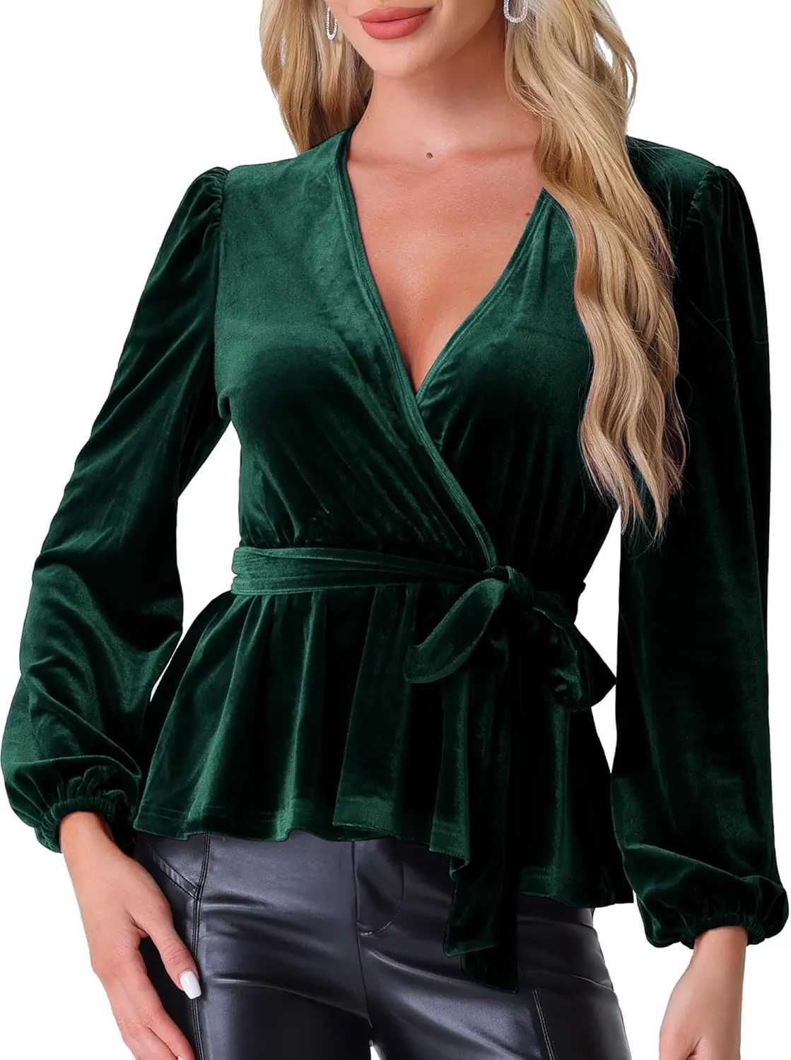Allegra K Velvet Blouses for Women's Elegant Tie Waist Long Sleeve V Neck Wrap Peplum Blouse Top