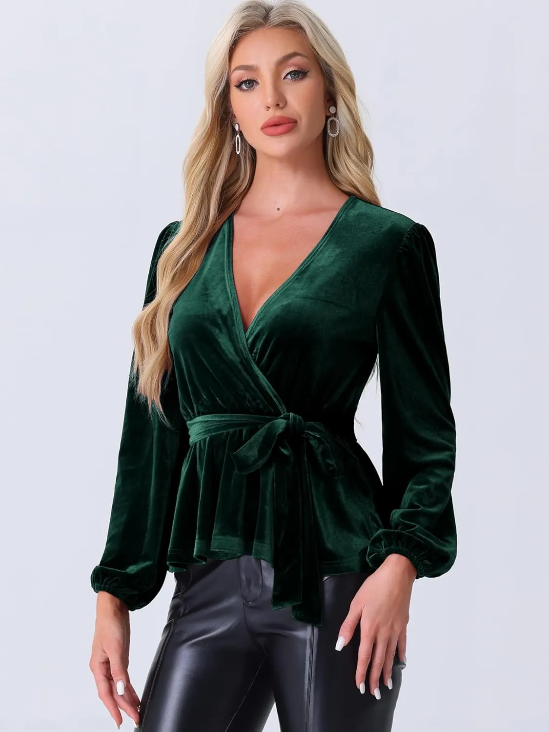 Allegra K Velvet Blouses for Women's Elegant Tie Waist Long Sleeve V Neck Wrap Peplum Blouse Top