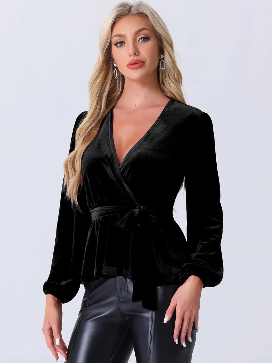 Allegra K Velvet Blouses for Women's Elegant Tie Waist Long Sleeve V Neck Wrap Peplum Blouse Top