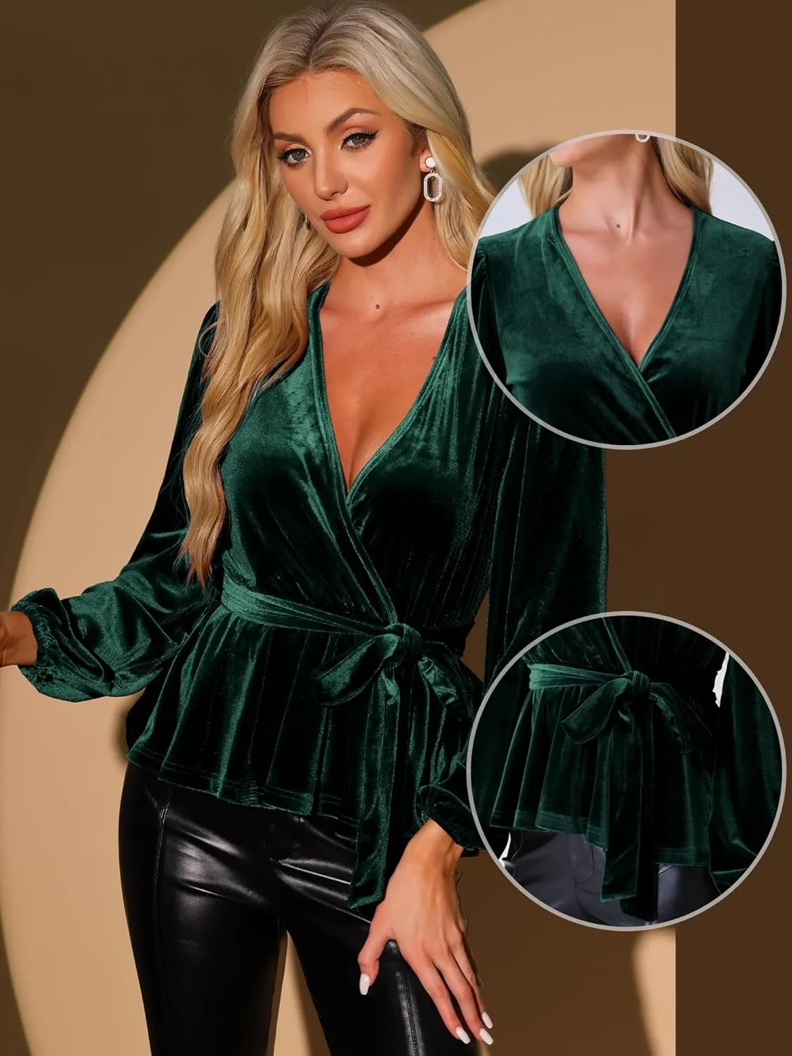 Allegra K Velvet Blouses for Women's Elegant Tie Waist Long Sleeve V Neck Wrap Peplum Blouse Top