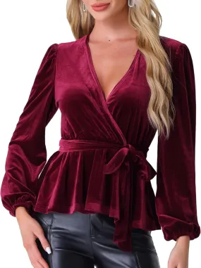 Allegra K Velvet Blouses for Women's Elegant Tie Waist Long Sleeve V Neck Wrap Peplum Blouse Top