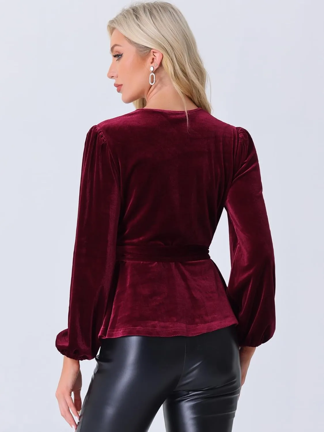 Allegra K Velvet Blouses for Women's Elegant Tie Waist Long Sleeve V Neck Wrap Peplum Blouse Top