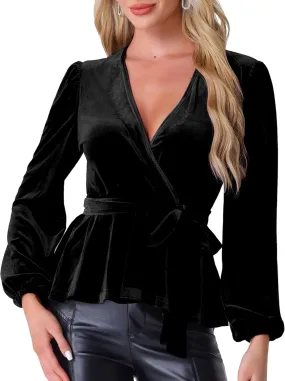 Allegra K Velvet Blouses for Women's Elegant Tie Waist Long Sleeve V Neck Wrap Peplum Blouse Top