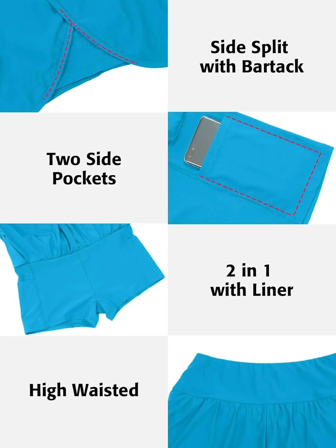 ATTRACO Women Swim Shorts Side Split Swim Trunk 2 in 1 Board Shorts with Pockets Swim Bottom