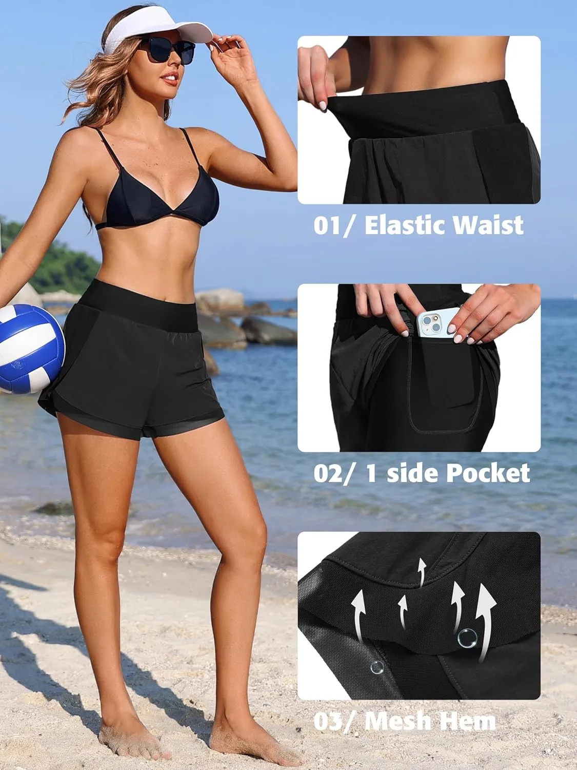 ATTRACO Women Swim Shorts Side Split Swim Trunk 2 in 1 Board Shorts with Pockets Swim Bottom