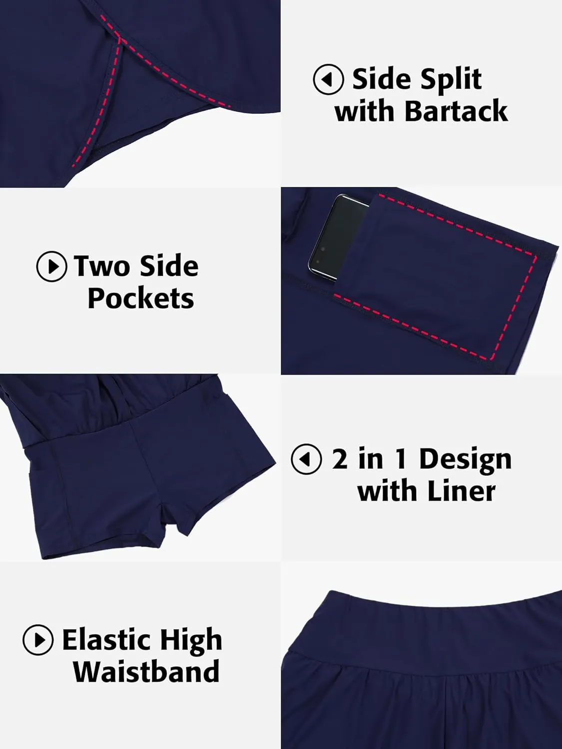 ATTRACO Women Swim Shorts Side Split Swim Trunk 2 in 1 Board Shorts with Pockets Swim Bottom