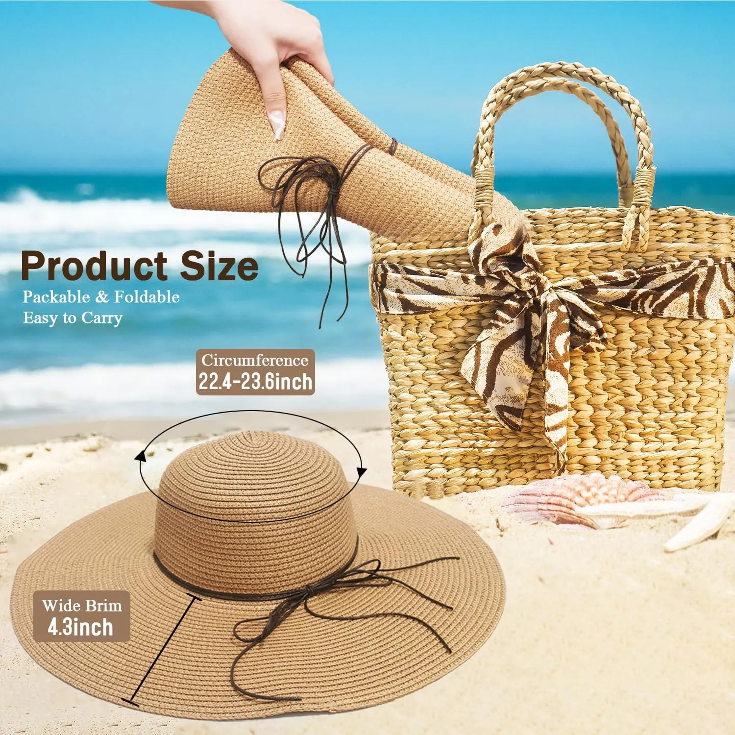 Beach Hats for Women, Straw Sun Hat Floppy Wide Brim, Foldable UPF 50  UV Protection Summer Hat