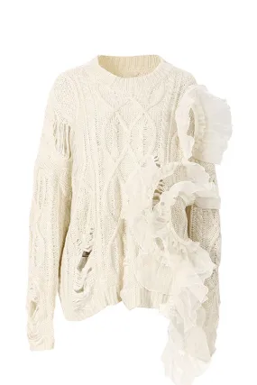 Beige Twist Ruffled Hole Sweater