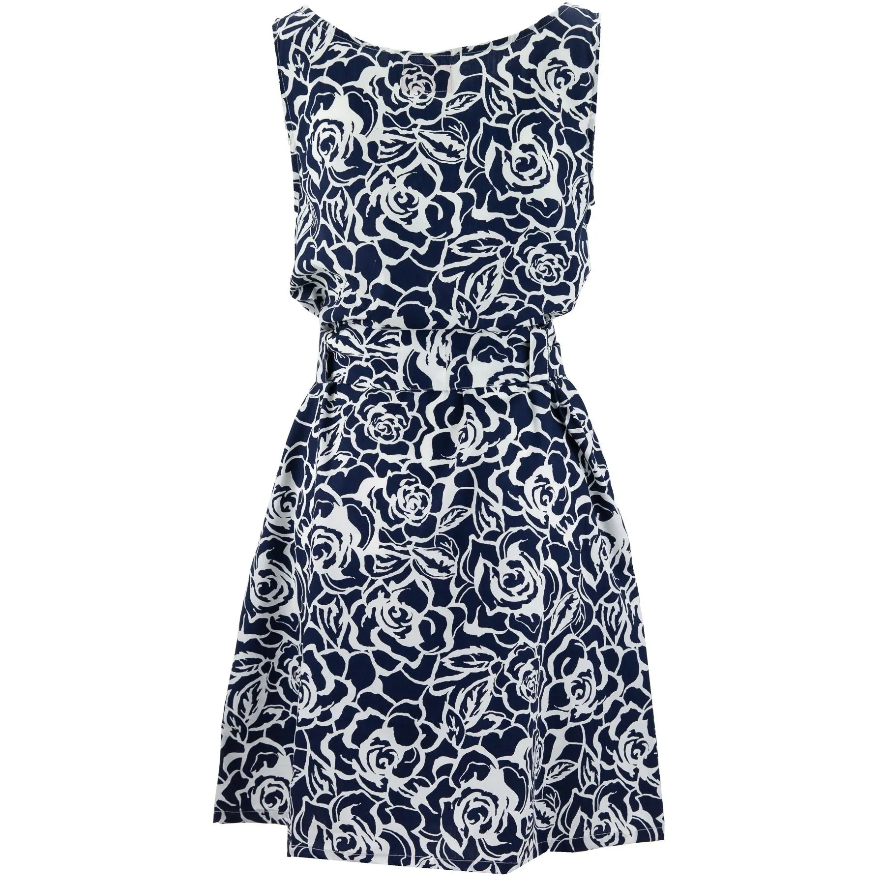 Belted Dress - Monochrome Roses Navy & White