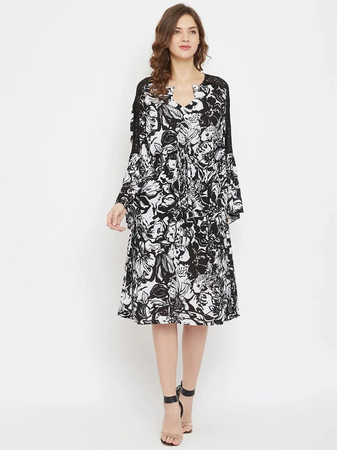 Bold Blooms Printed Black Knee Length Dress - (Final Sale)