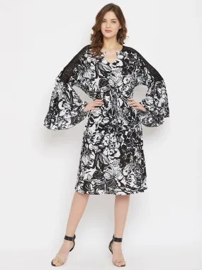 Bold Blooms Printed Black Knee Length Dress - (Final Sale)