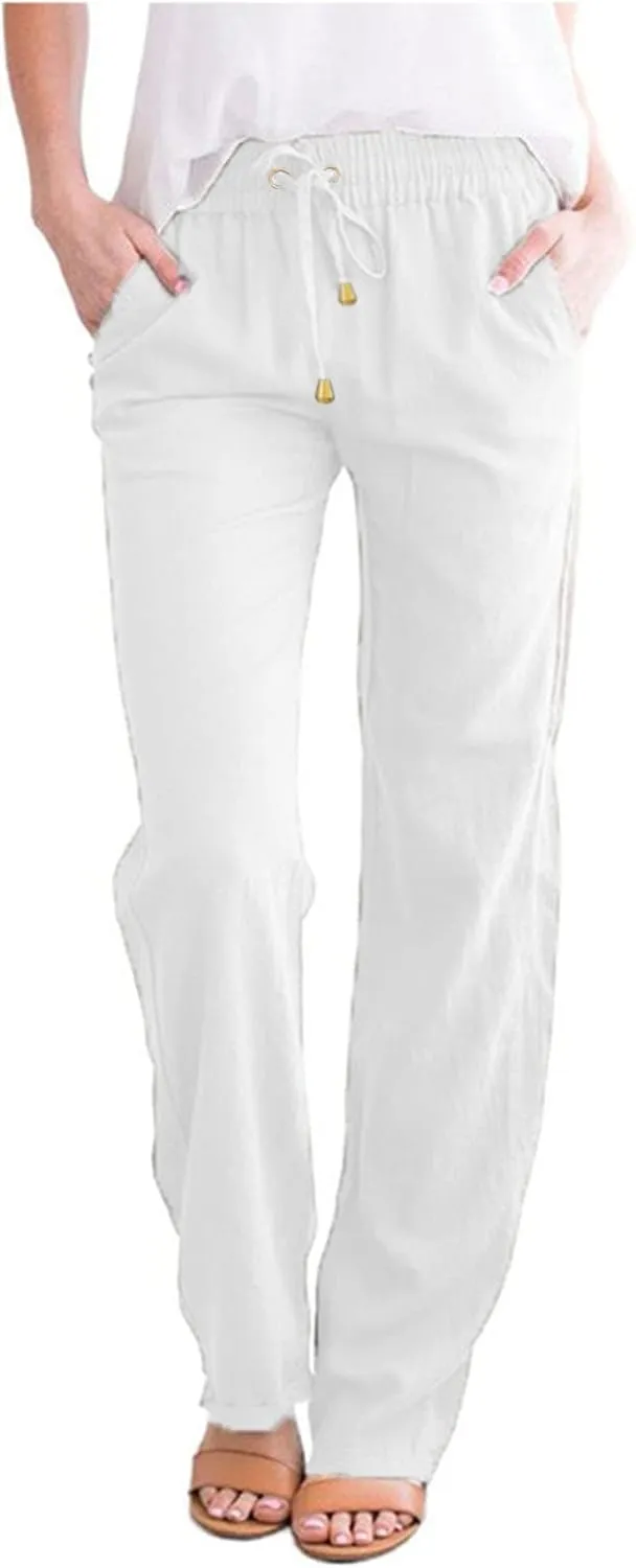 Casual Cotton Linen Pants Women Elastic High Waisted Drawstring Pants Lounge Long Straight Leg Drawstring Work Yoga Pants Trousers with Pockets Pantalones De Mujer