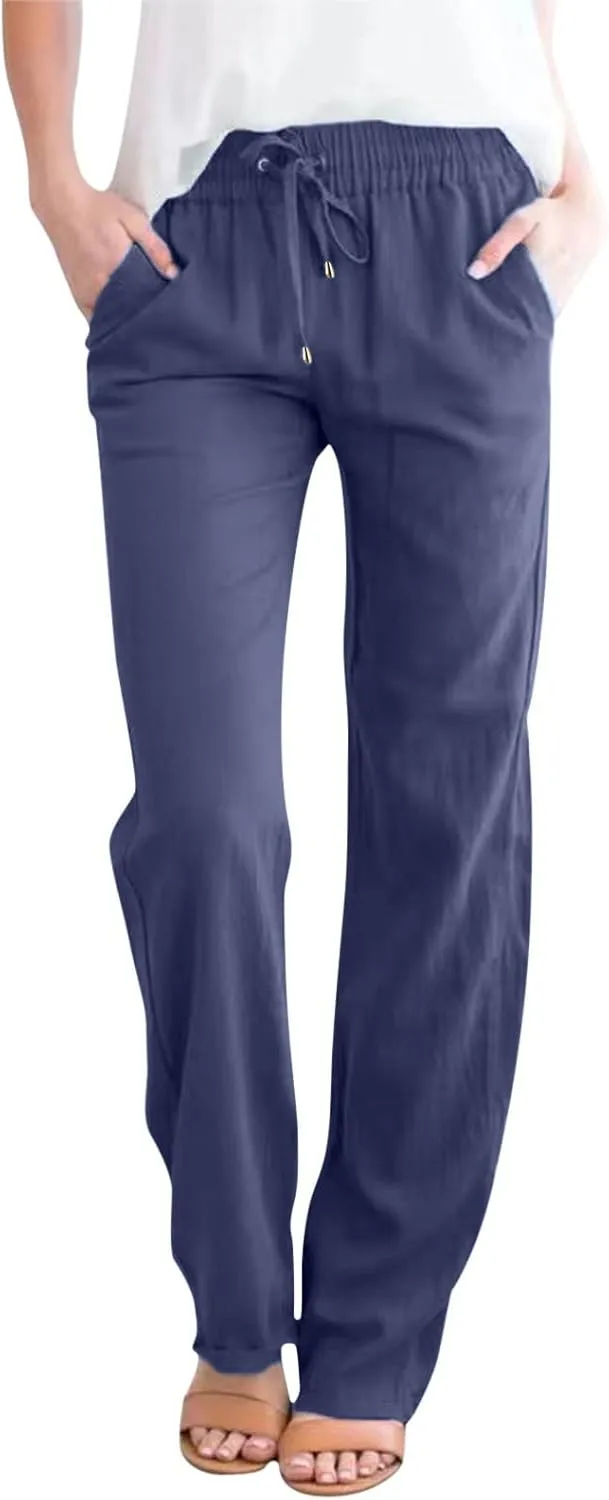 Casual Cotton Linen Pants Women Elastic High Waisted Drawstring Pants Lounge Long Straight Leg Drawstring Work Yoga Pants Trousers with Pockets Pantalones De Mujer