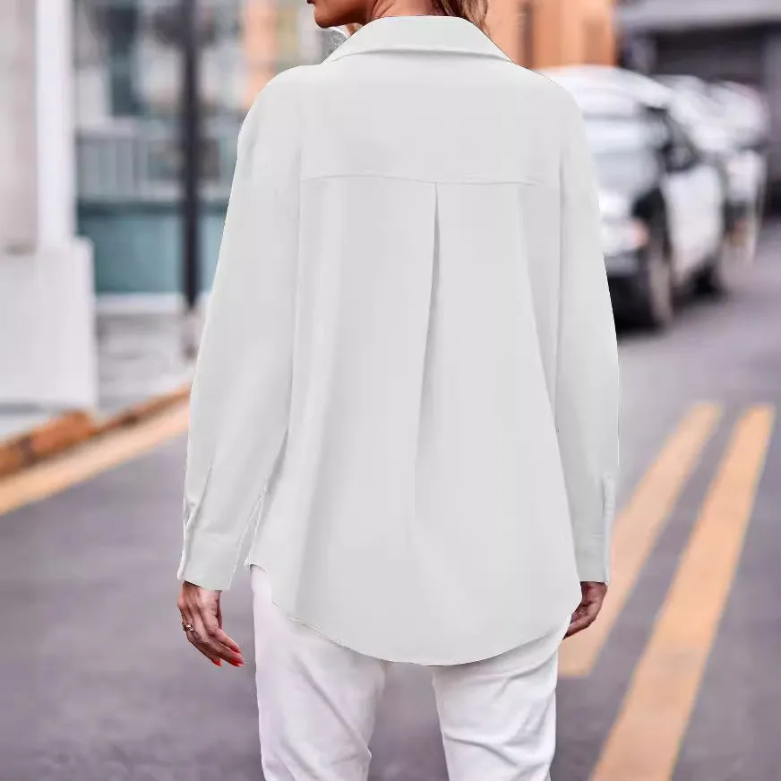 Casual Fashion Double Pocket Loose Long Sleeve Solid Color Shirt Wholesale Womens Clothing N3824121200055