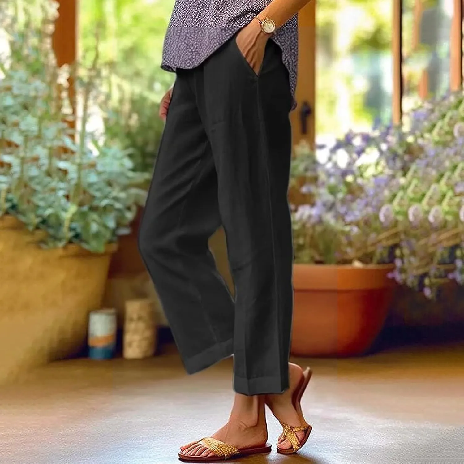 Cotton Linen Pants for Women Plus Size Elastic Waist Pants Drawstring Straight Leg Beach Casual Trousers with Pockets