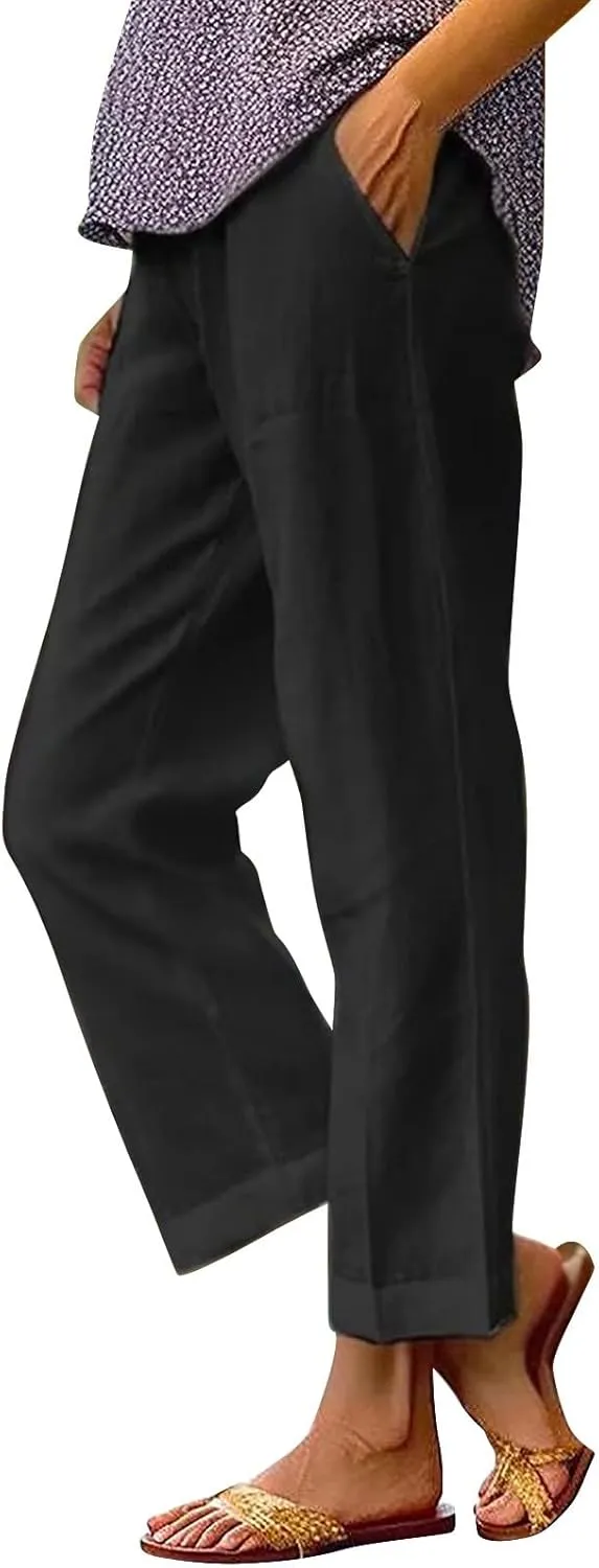 Cotton Linen Pants for Women Plus Size Elastic Waist Pants Drawstring Straight Leg Beach Casual Trousers with Pockets
