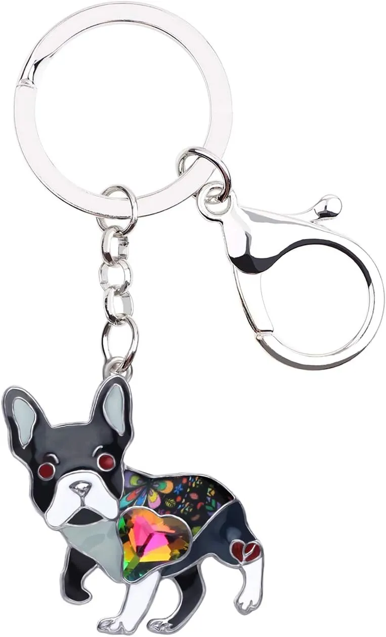 DUOWEI Enamel Rhinestone French Bulldog Keychain Dainty Pet Keyring Handbag Novelty Gifts for Women Girls
