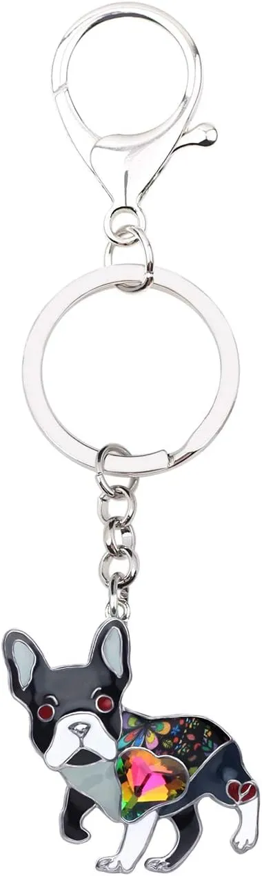 DUOWEI Enamel Rhinestone French Bulldog Keychain Dainty Pet Keyring Handbag Novelty Gifts for Women Girls