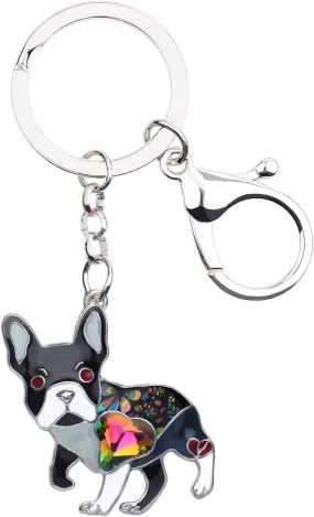 DUOWEI Enamel Rhinestone French Bulldog Keychain Dainty Pet Keyring Handbag Novelty Gifts for Women Girls