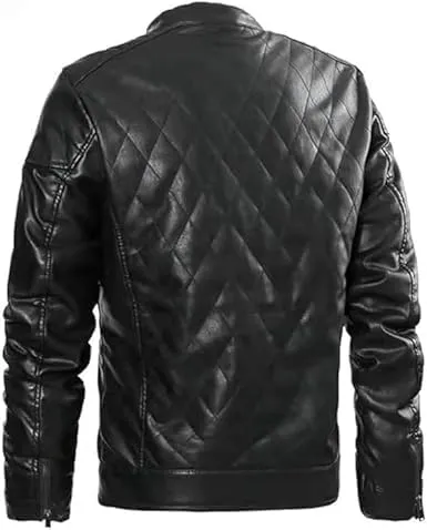 FIT WEAR Men’s Black Faux Leather Jacket Diamond Quilted Moto Rider Vintage Coat