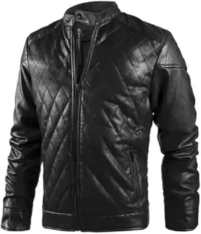 FIT WEAR Men’s Black Faux Leather Jacket Diamond Quilted Moto Rider Vintage Coat