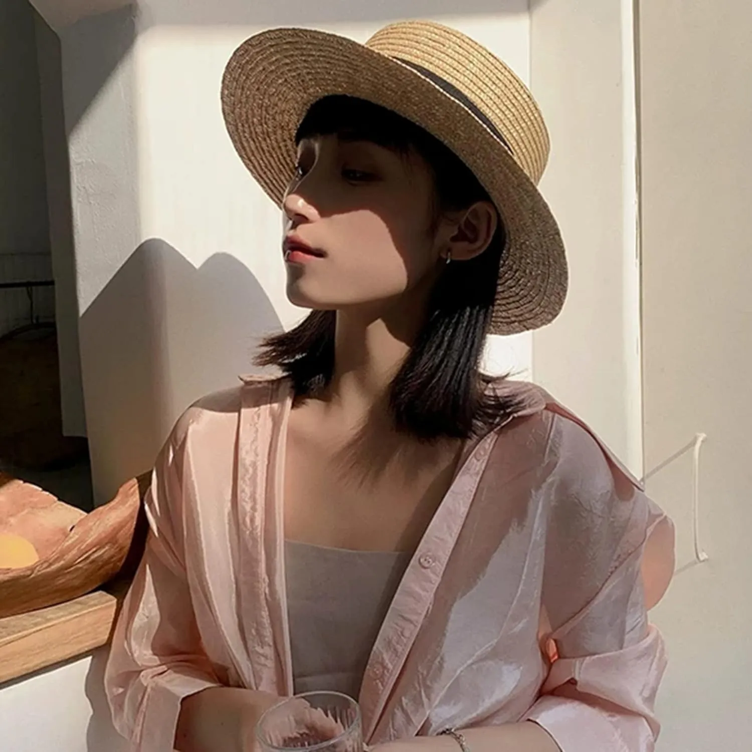 Holiday Straw Beach Hat for Womens Wide Brim Bow Ribbon Boater Hat Flat Top Classic Sun Hats for Summer Small/Medium