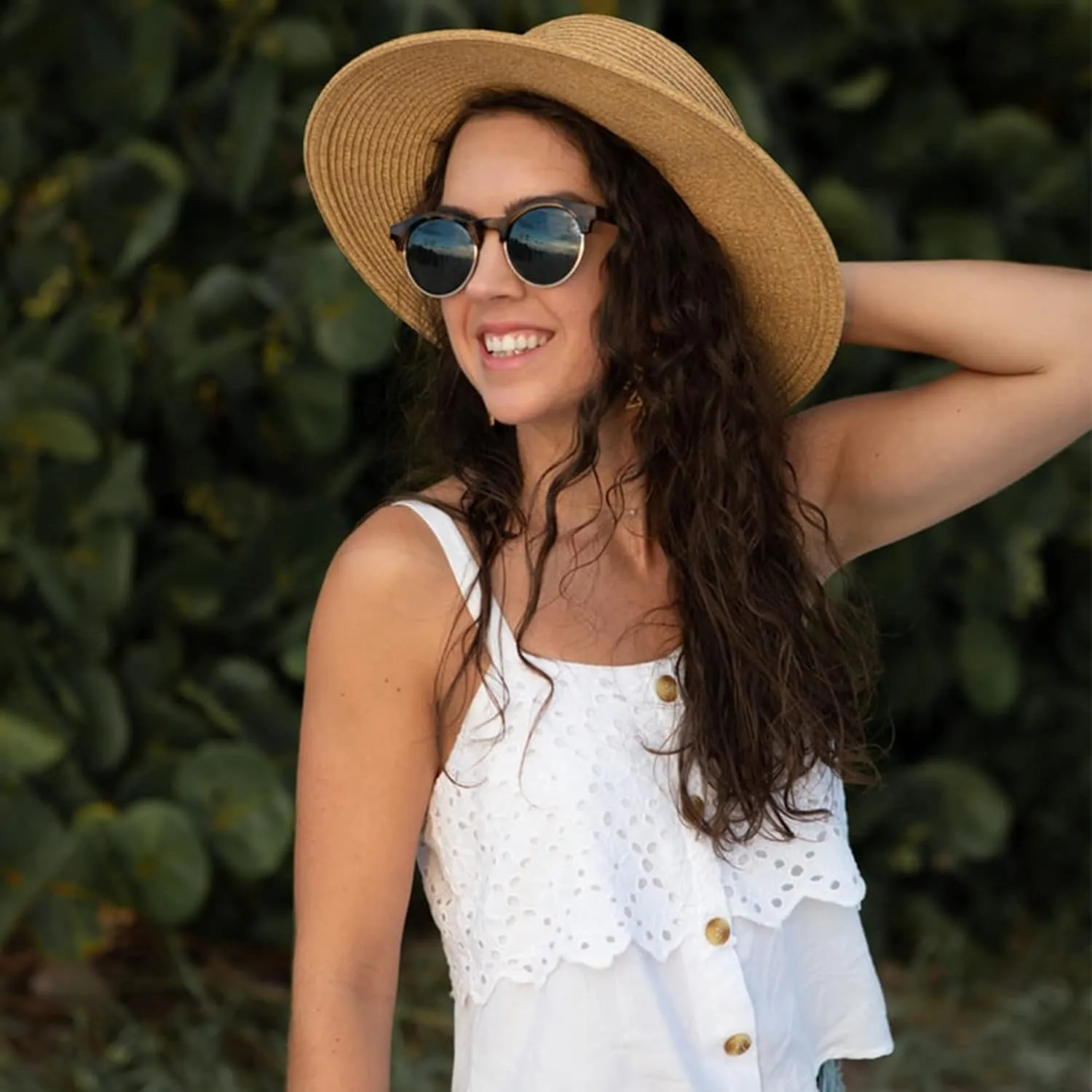 Holiday Straw Beach Hat for Womens Wide Brim Bow Ribbon Boater Hat Flat Top Classic Sun Hats for Summer Small/Medium