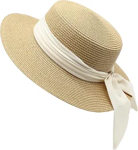 Holiday Straw Beach Hat for Womens Wide Brim Bow Ribbon Boater Hat Flat Top Classic Sun Hats for Summer Small/Medium