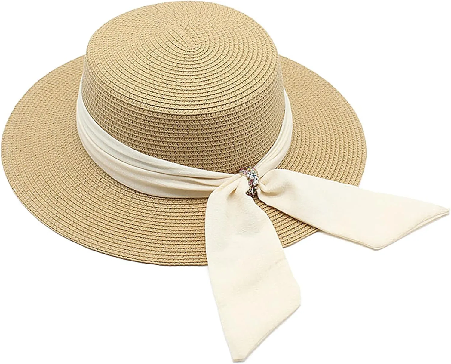 Holiday Straw Beach Hat for Womens Wide Brim Bow Ribbon Boater Hat Flat Top Classic Sun Hats for Summer Small/Medium
