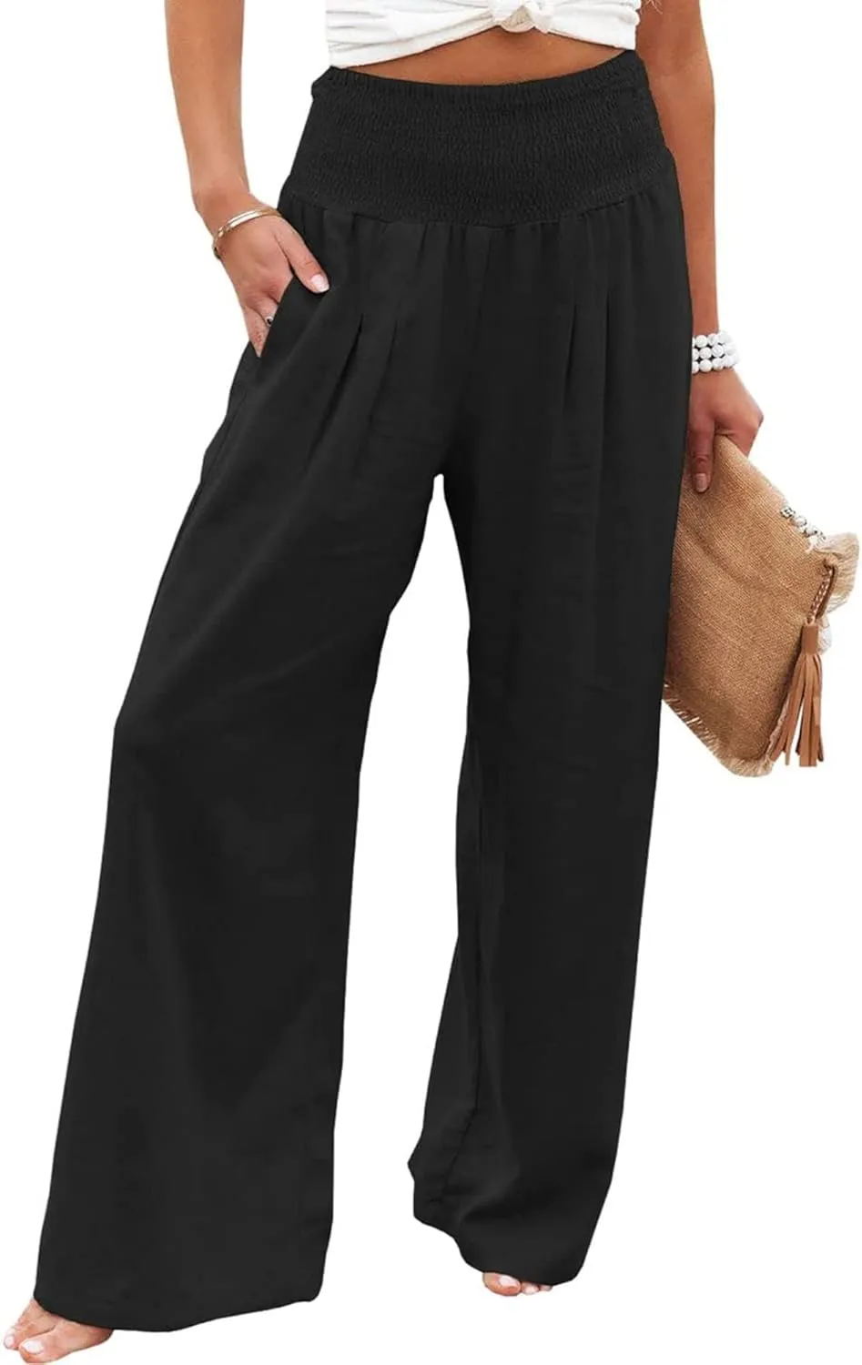 Linen Palazzo Pant for Women Summer High Waisted Wide Leg Pants Casual Pants Plain Vintage Trousers with Pockets