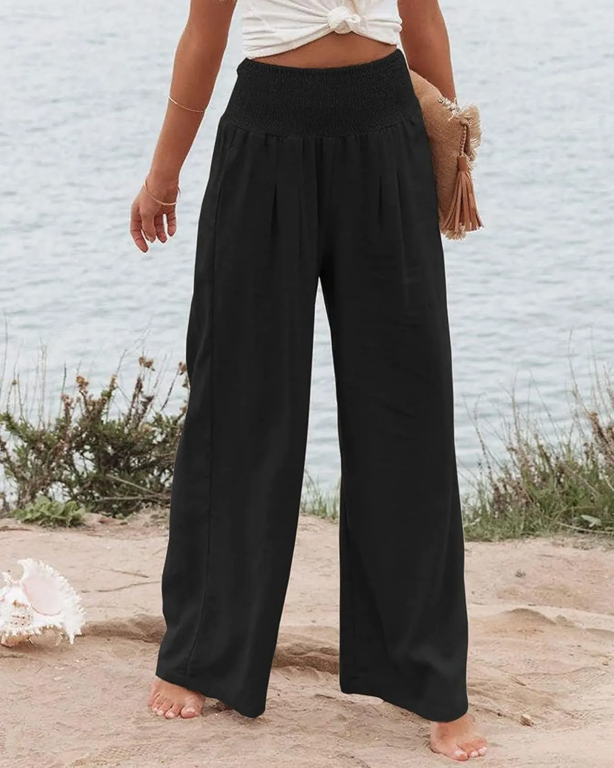 Linen Palazzo Pant for Women Summer High Waisted Wide Leg Pants Casual Pants Plain Vintage Trousers with Pockets