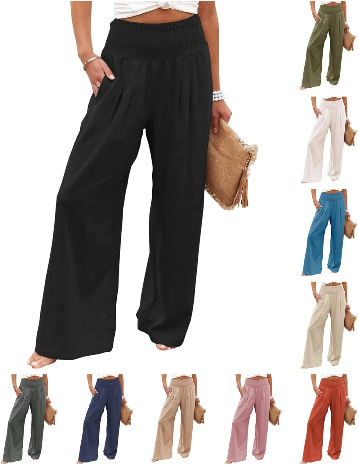 Linen Palazzo Pant for Women Summer High Waisted Wide Leg Pants Casual Pants Plain Vintage Trousers with Pockets
