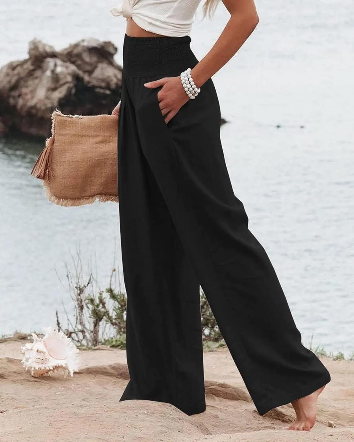 Linen Palazzo Pant for Women Summer High Waisted Wide Leg Pants Casual Pants Plain Vintage Trousers with Pockets