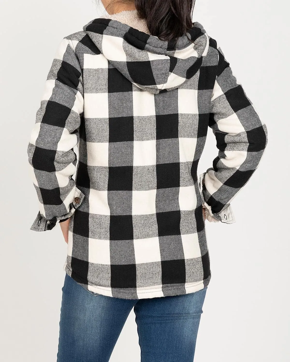Lisskolo Women Sherpa Flannel Jacket Warm Fleece Lined Plaid Full Zip Flannel Shirt Jacket with Hood