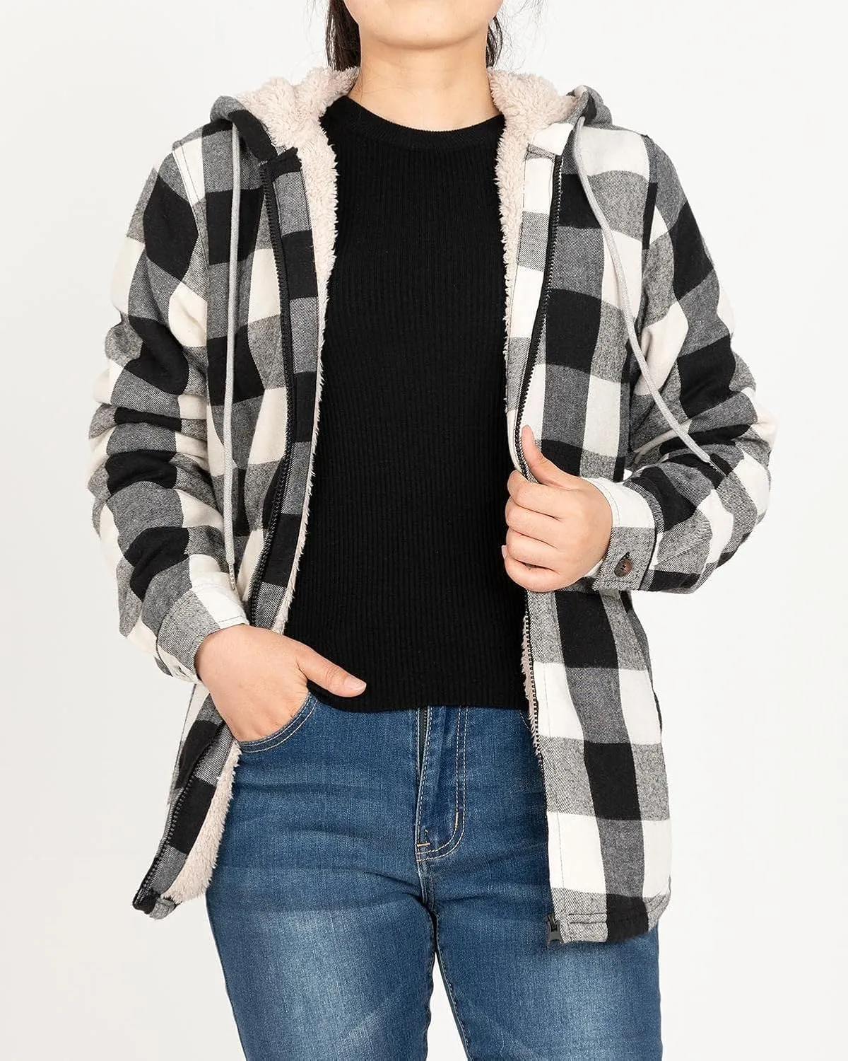 Lisskolo Women Sherpa Flannel Jacket Warm Fleece Lined Plaid Full Zip Flannel Shirt Jacket with Hood