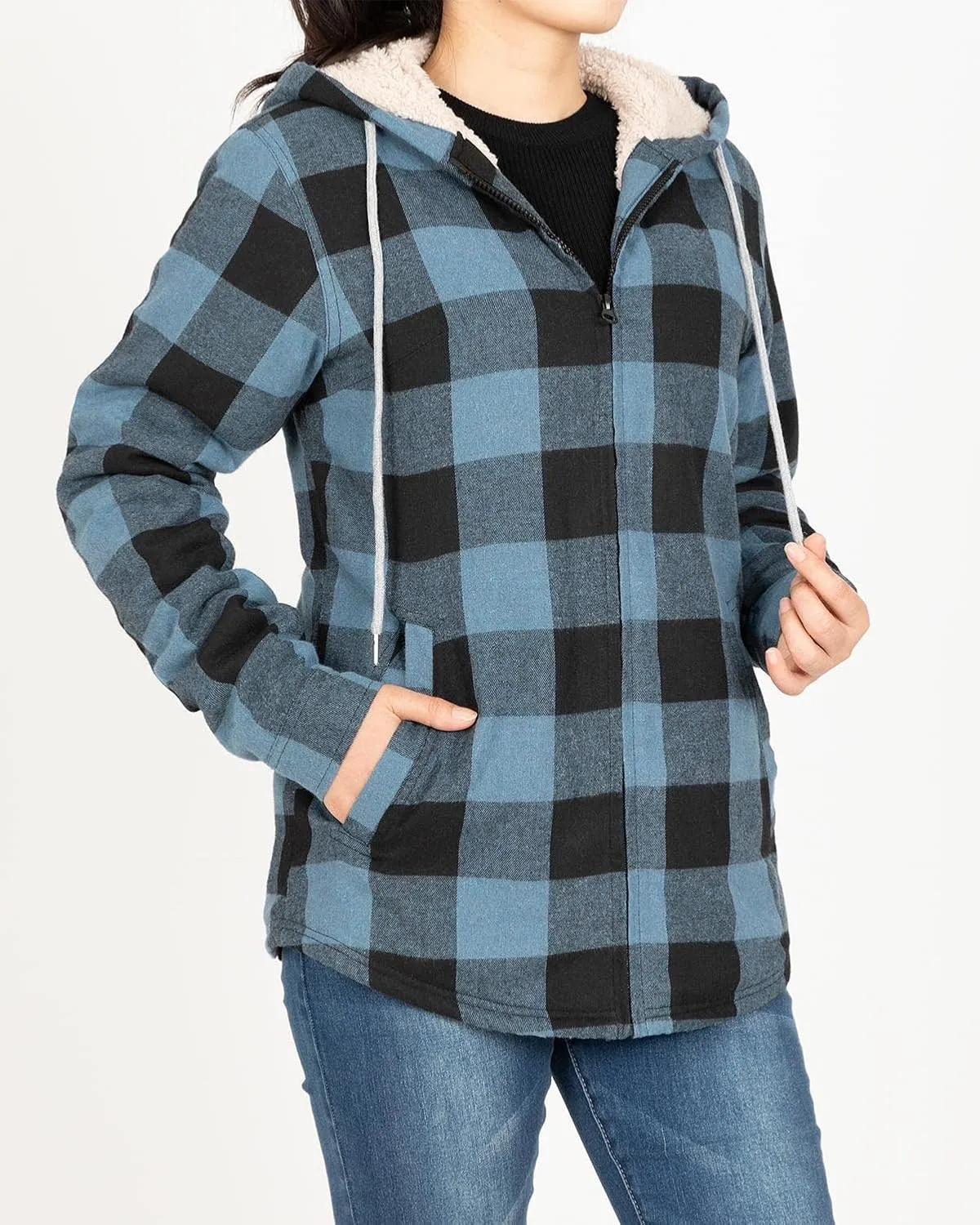 Lisskolo Women Sherpa Flannel Jacket Warm Fleece Lined Plaid Full Zip Flannel Shirt Jacket with Hood