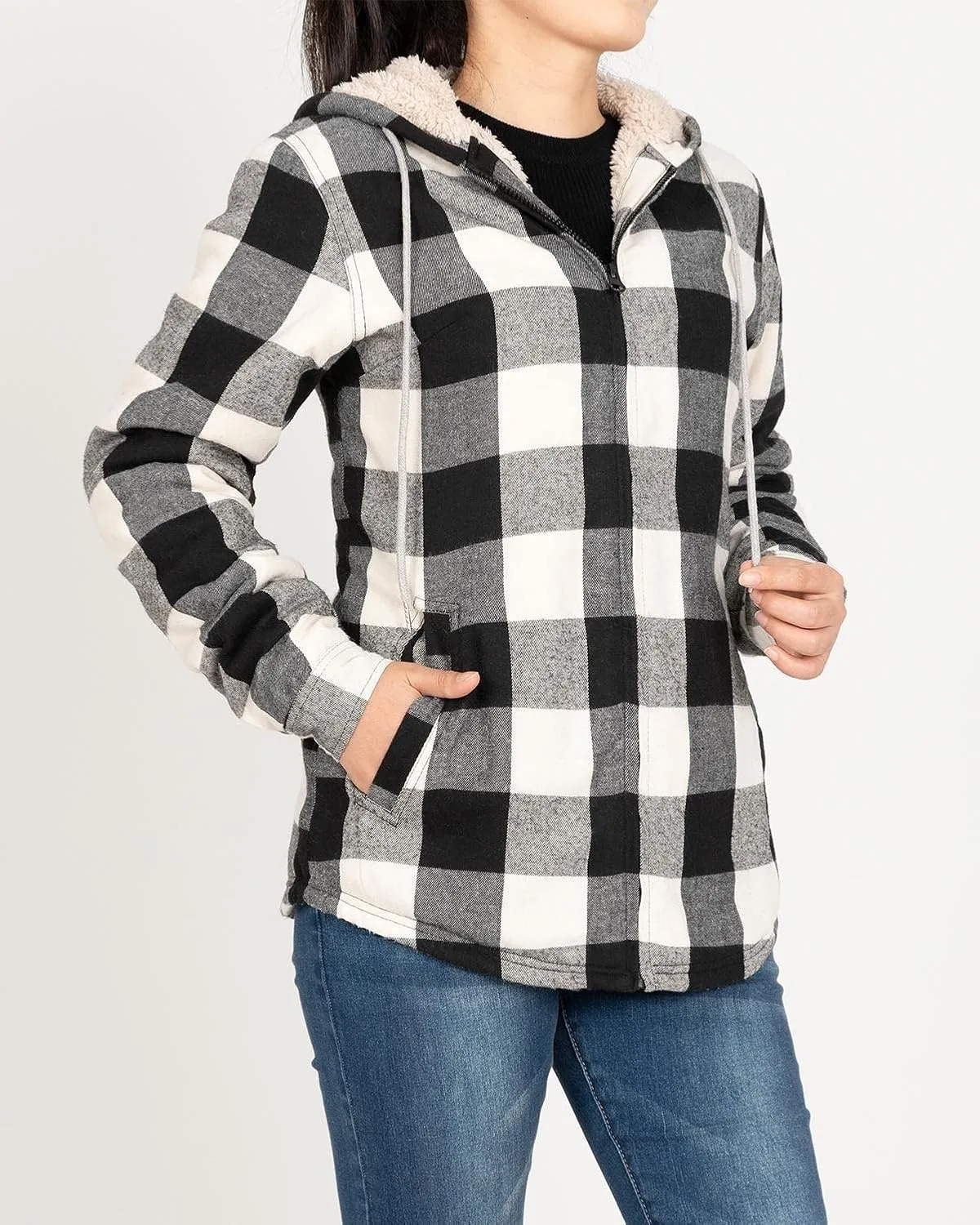 Lisskolo Women Sherpa Flannel Jacket Warm Fleece Lined Plaid Full Zip Flannel Shirt Jacket with Hood