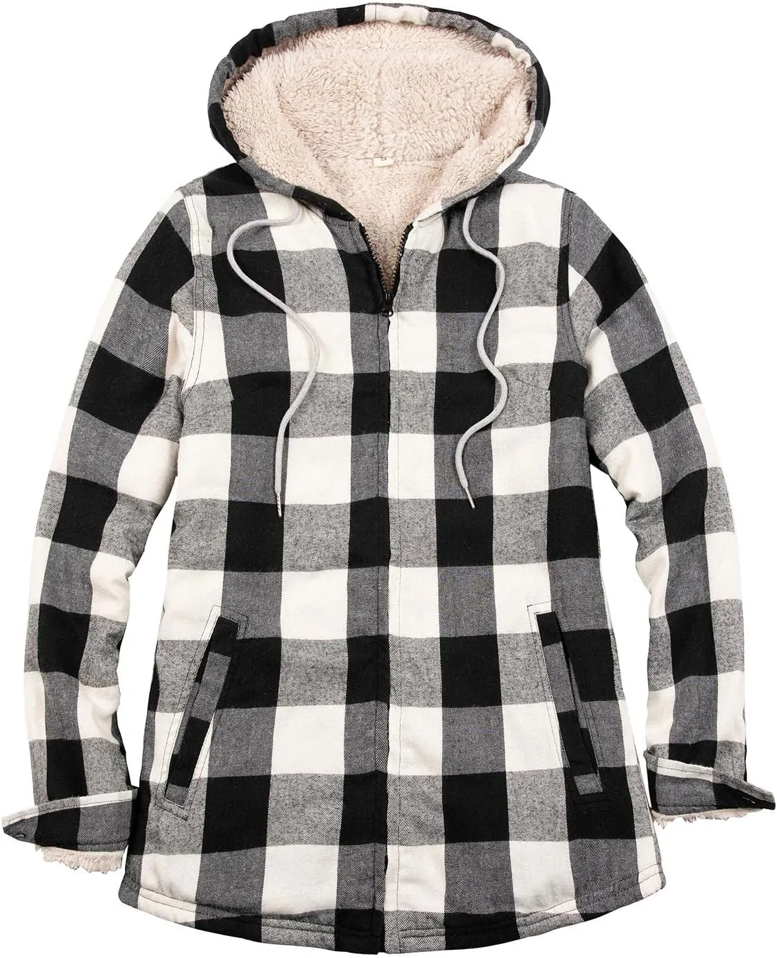 Lisskolo Women Sherpa Flannel Jacket Warm Fleece Lined Plaid Full Zip Flannel Shirt Jacket with Hood
