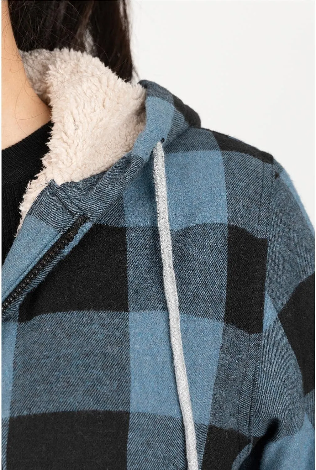Lisskolo Women Sherpa Flannel Jacket Warm Fleece Lined Plaid Full Zip Flannel Shirt Jacket with Hood