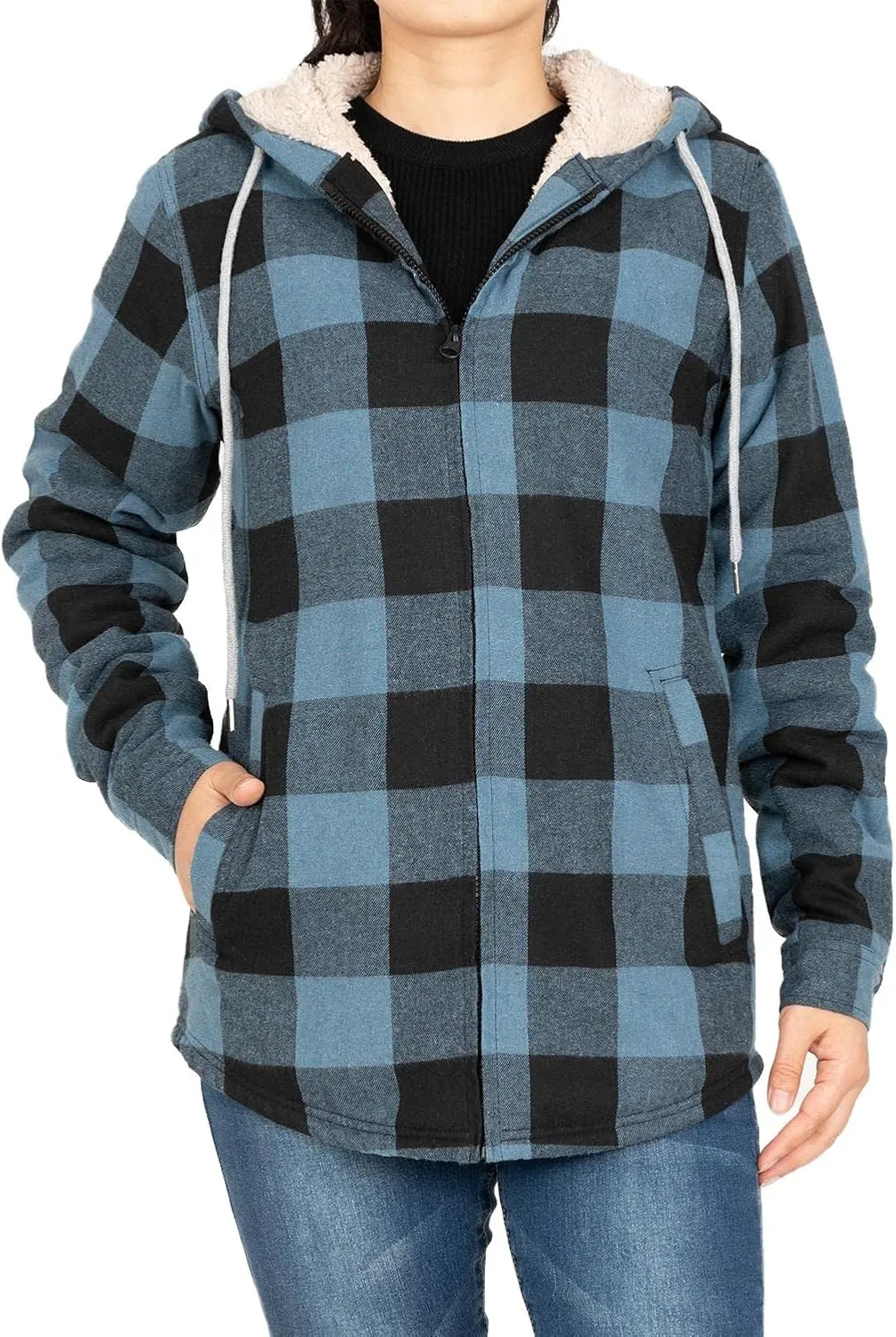 Lisskolo Women Sherpa Flannel Jacket Warm Fleece Lined Plaid Full Zip Flannel Shirt Jacket with Hood