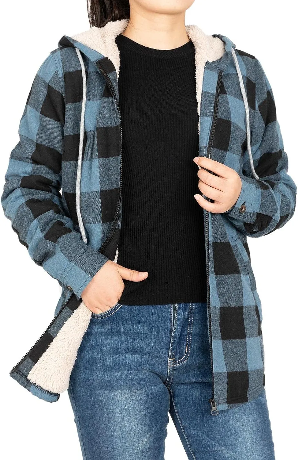 Lisskolo Women Sherpa Flannel Jacket Warm Fleece Lined Plaid Full Zip Flannel Shirt Jacket with Hood