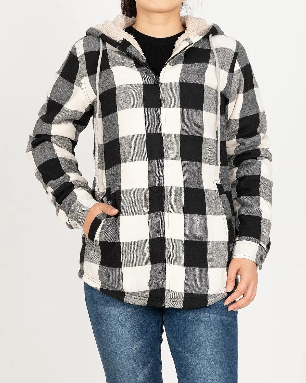 Lisskolo Women Sherpa Flannel Jacket Warm Fleece Lined Plaid Full Zip Flannel Shirt Jacket with Hood