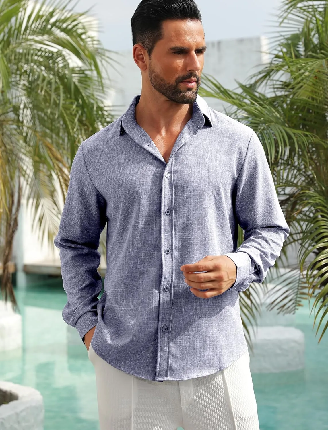 MAPICK Men's Linen Shirt Long Sleeve Button Down Casual Shirts Untucked Dress Shirts Beach Vacation Fall Tops