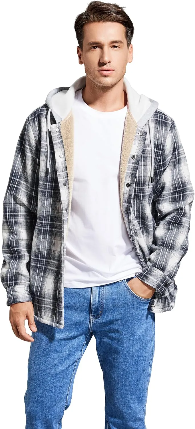 Men's Cotton Plaid Long Sleeve Shirts Jacket Fleece Lined Flannel Shirts Sherpa Button Down Coat with Hood
