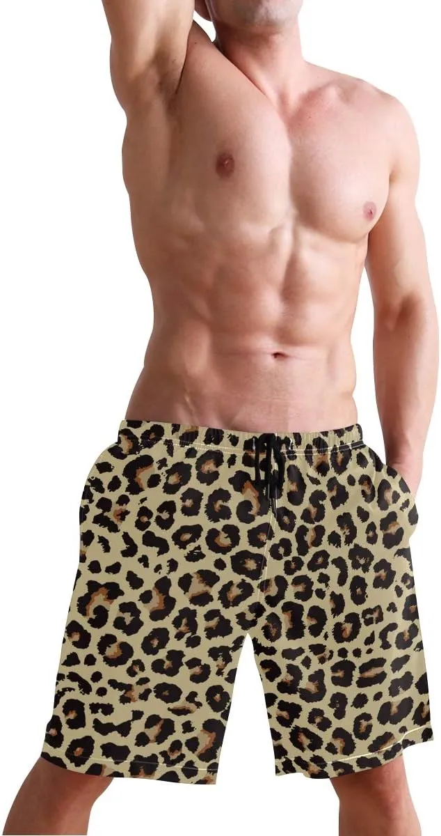 Mens Swim Trunks Leopard Beach Board Shorts Quick Dry Swim Shorts with Pockets