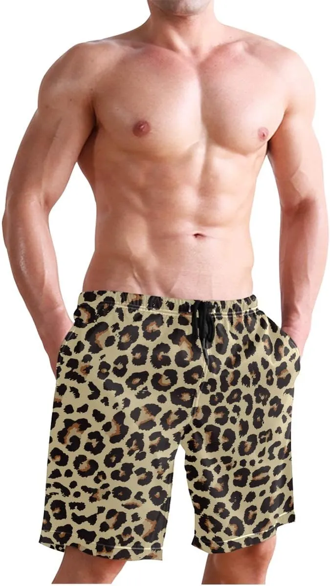 Mens Swim Trunks Leopard Beach Board Shorts Quick Dry Swim Shorts with Pockets
