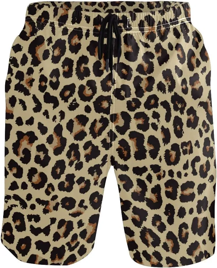 Mens Swim Trunks Leopard Beach Board Shorts Quick Dry Swim Shorts with Pockets