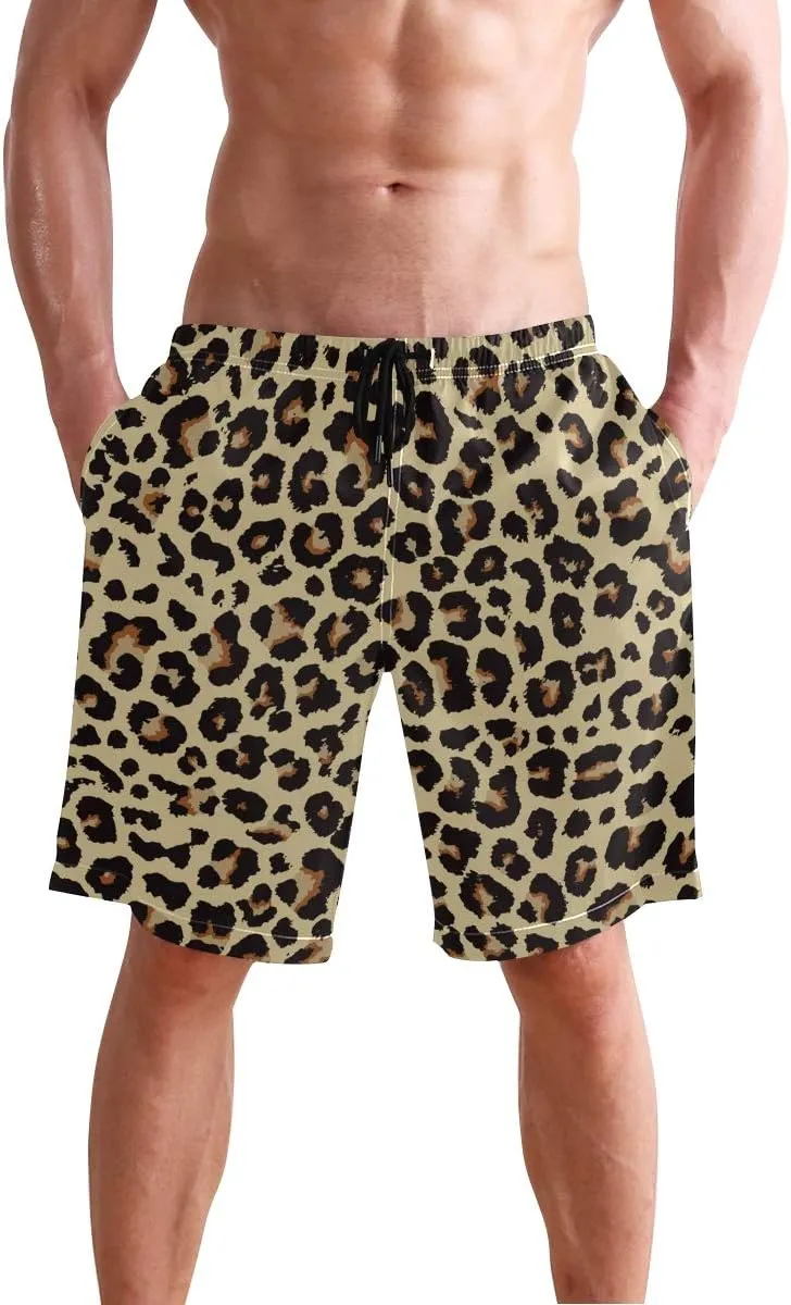 Mens Swim Trunks Leopard Beach Board Shorts Quick Dry Swim Shorts with Pockets