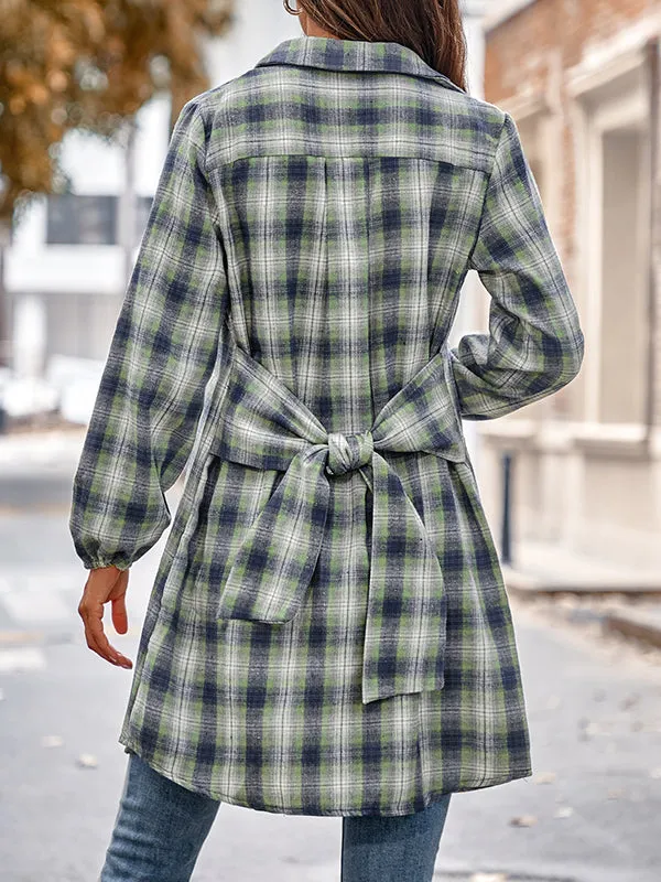 Plaid Loose Wrap Lapel Blouses&shirts Tops